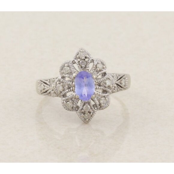 10k White Gold Natural Tanzanite & Diamond Ring Size 6 - Picture 1 of 8